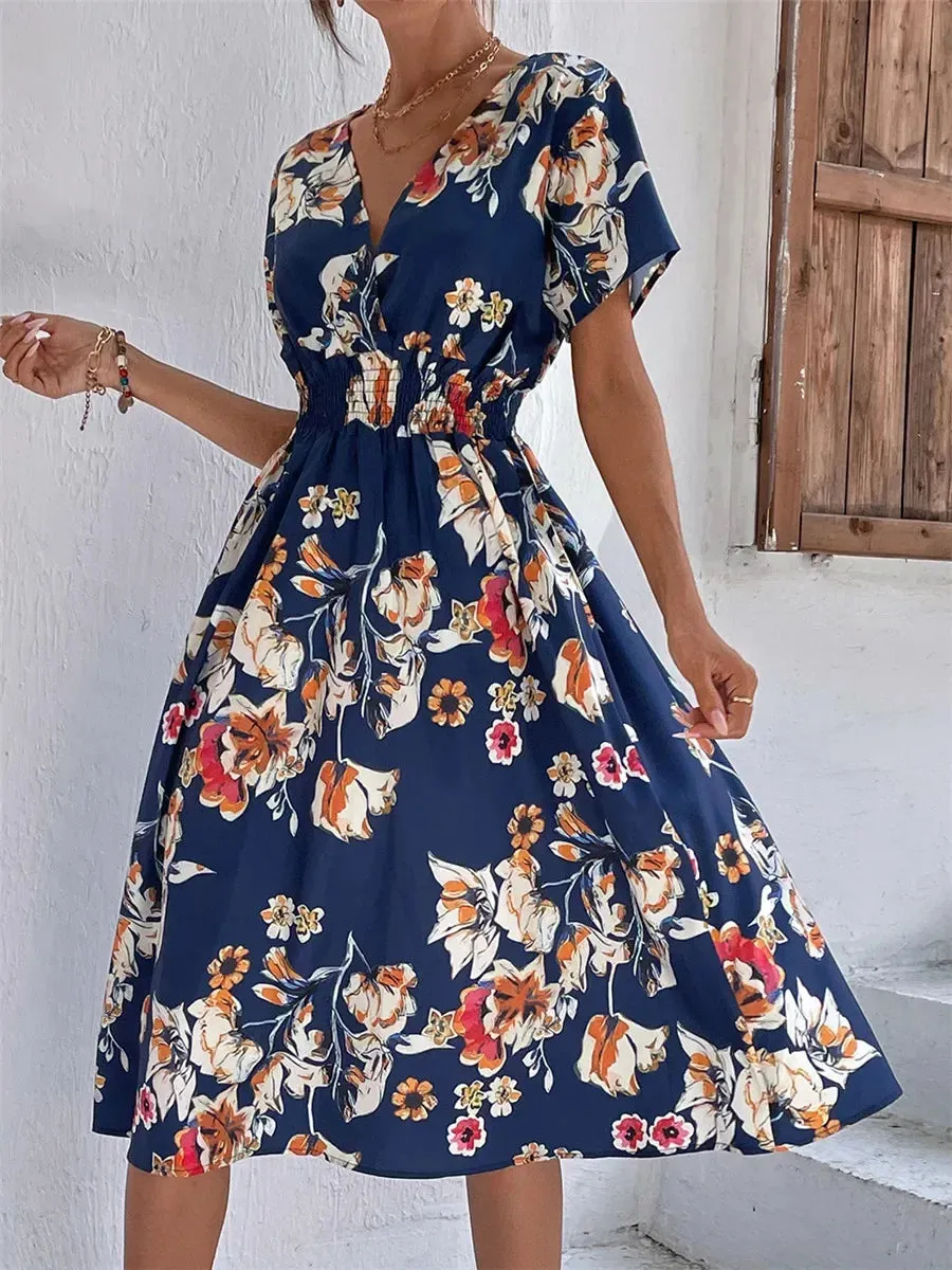 Floral Chic Summer Short Sleeve Fashionable Midi Dress