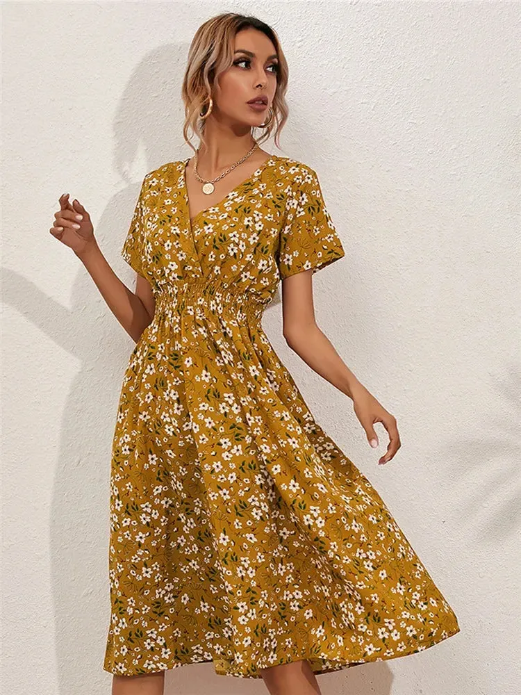 Floral Chic Summer Short Sleeve Fashionable Midi Dress