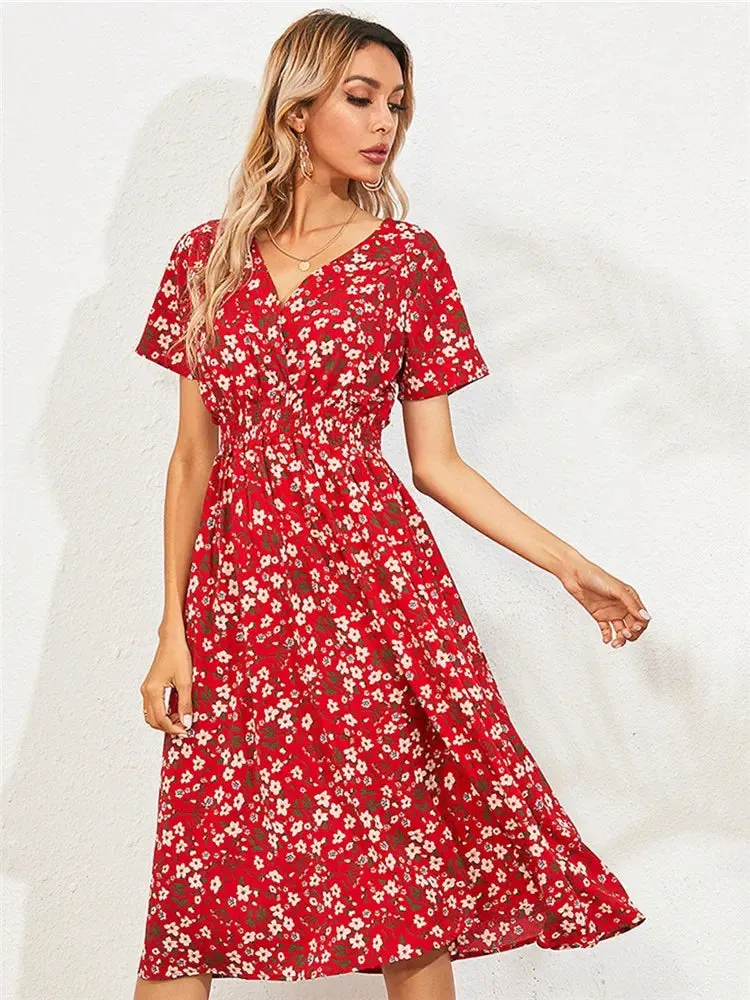 Floral Chic Summer Short Sleeve Fashionable Midi Dress