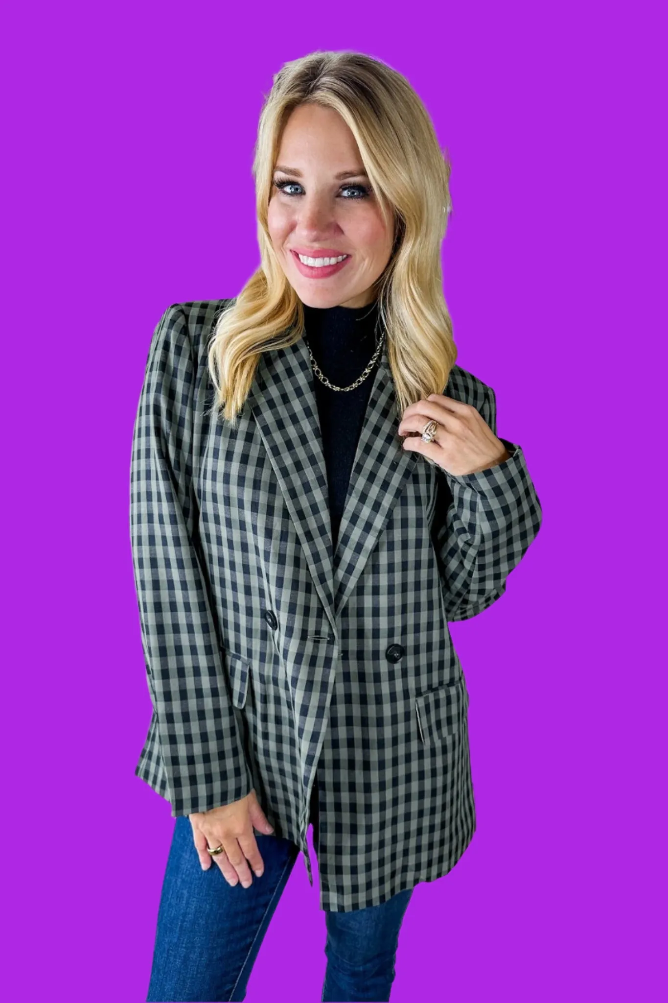 Green/Black Gingham Print Pocketed Button Blazer