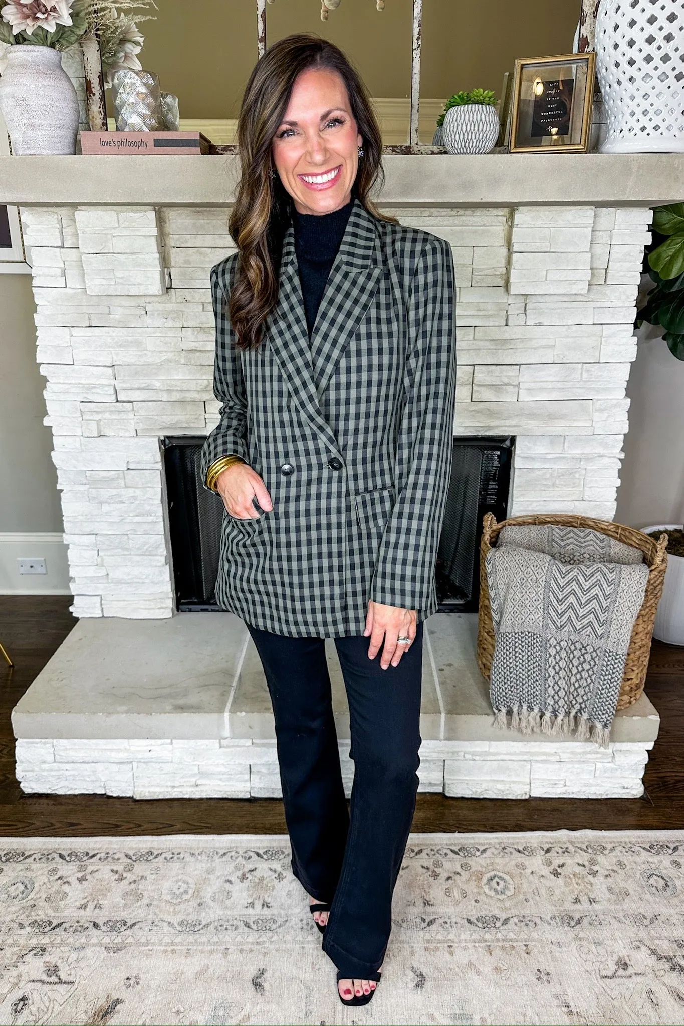 Green/Black Gingham Print Pocketed Button Blazer