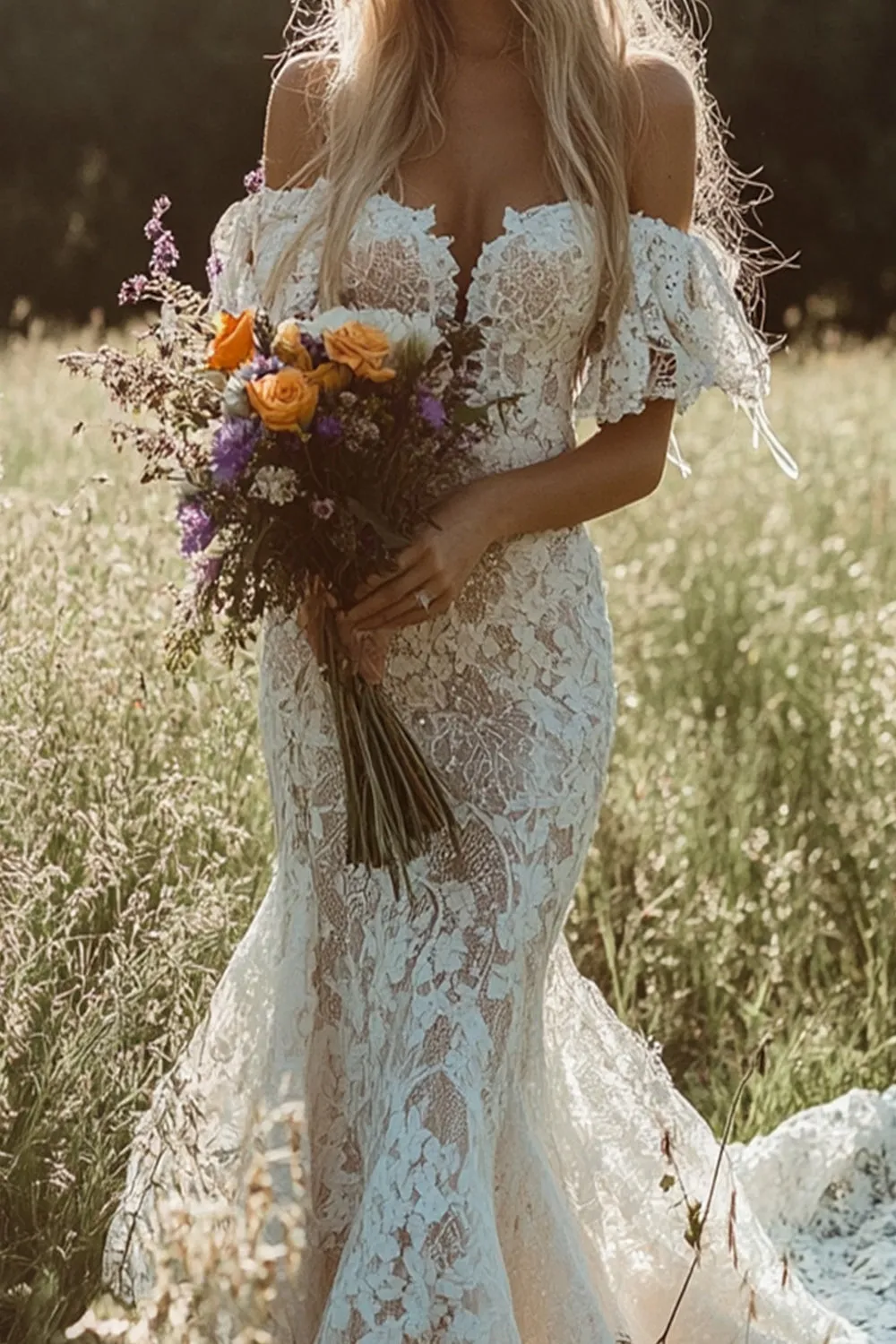 Ivory Mermaid Off the Shoulder Boho Wedding Dress