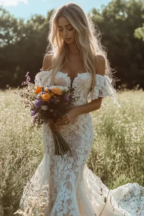 Ivory Mermaid Off the Shoulder Boho Wedding Dress