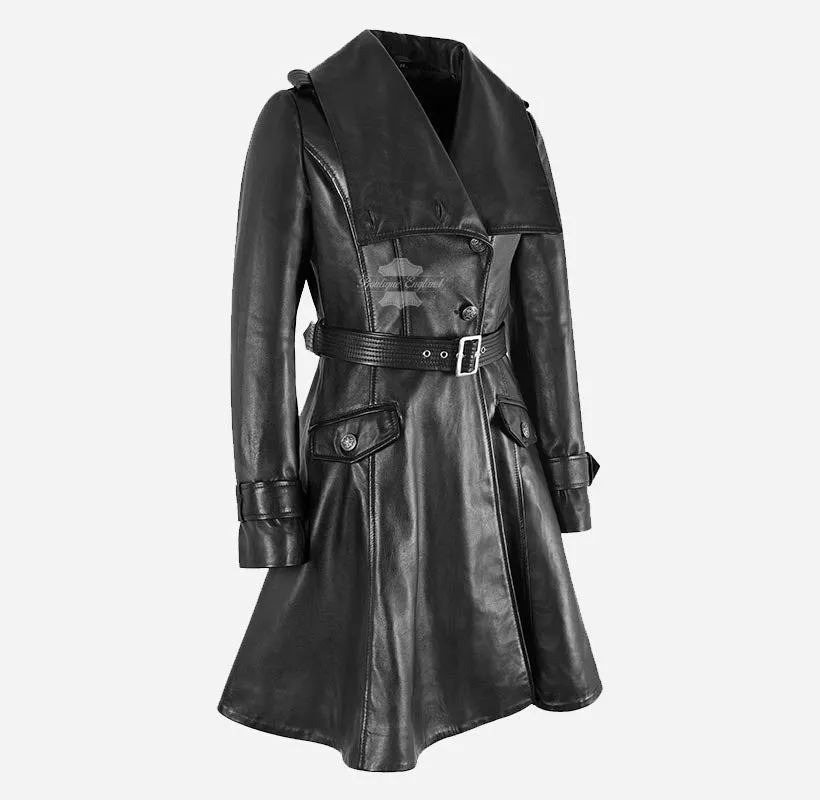 LANGFORD Ladies Black Leather Coat Knee Length Belted Flare Coat