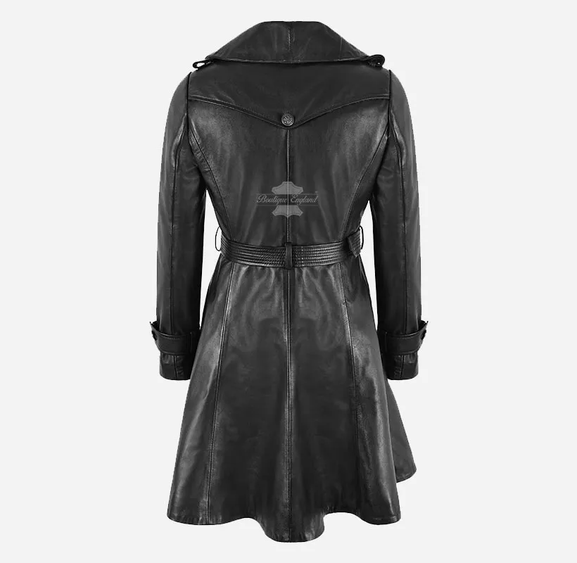 LANGFORD Ladies Black Leather Coat Knee Length Belted Flare Coat