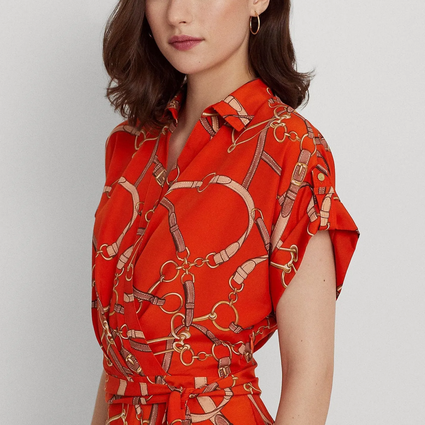 Lauren Ralph Lauren Belting-Print Belted Crepe Dress in Orange