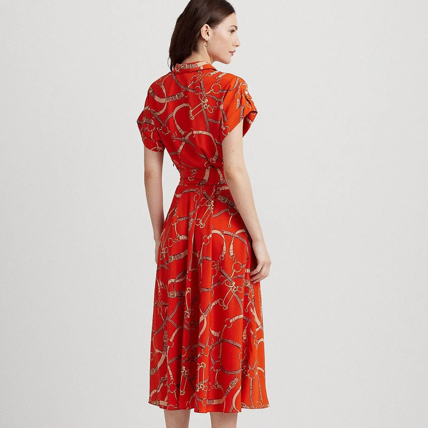 Lauren Ralph Lauren Belting-Print Belted Crepe Dress in Orange