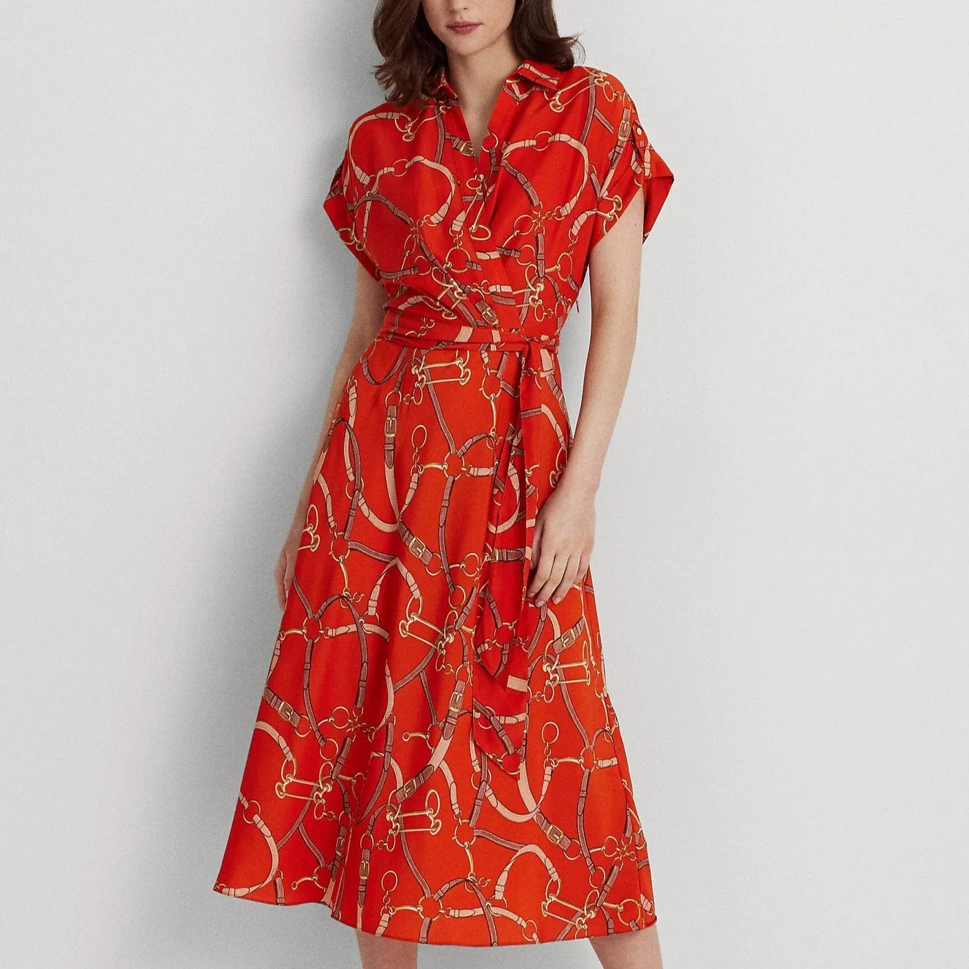 Lauren Ralph Lauren Belting-Print Belted Crepe Dress in Orange