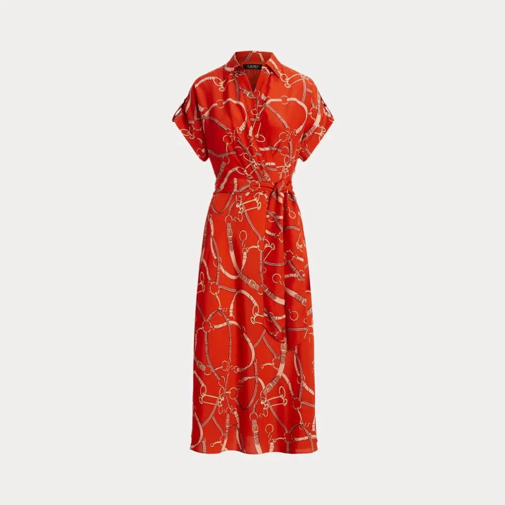 Lauren Ralph Lauren Belting-Print Belted Crepe Dress in Orange