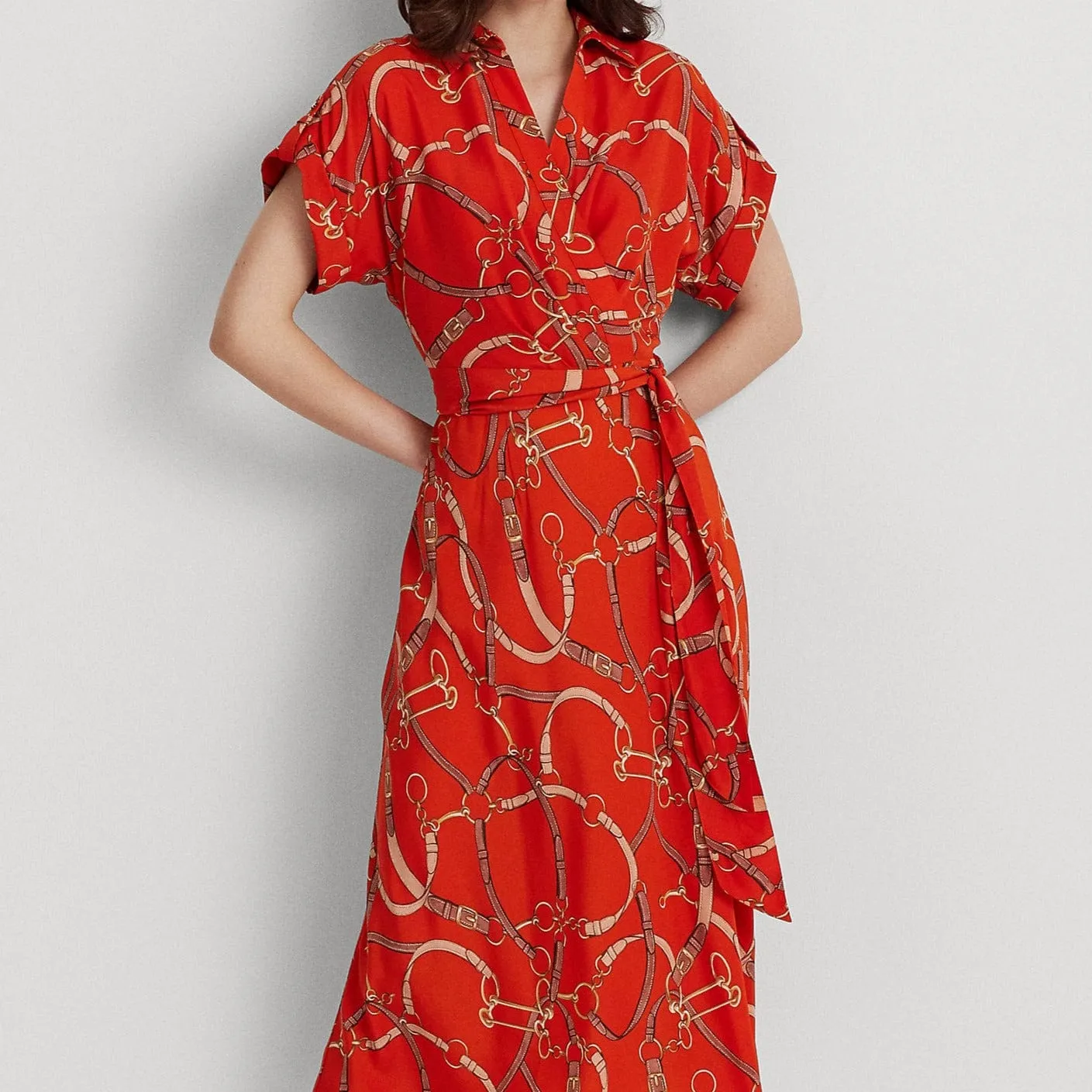 Lauren Ralph Lauren Belting-Print Belted Crepe Dress in Orange