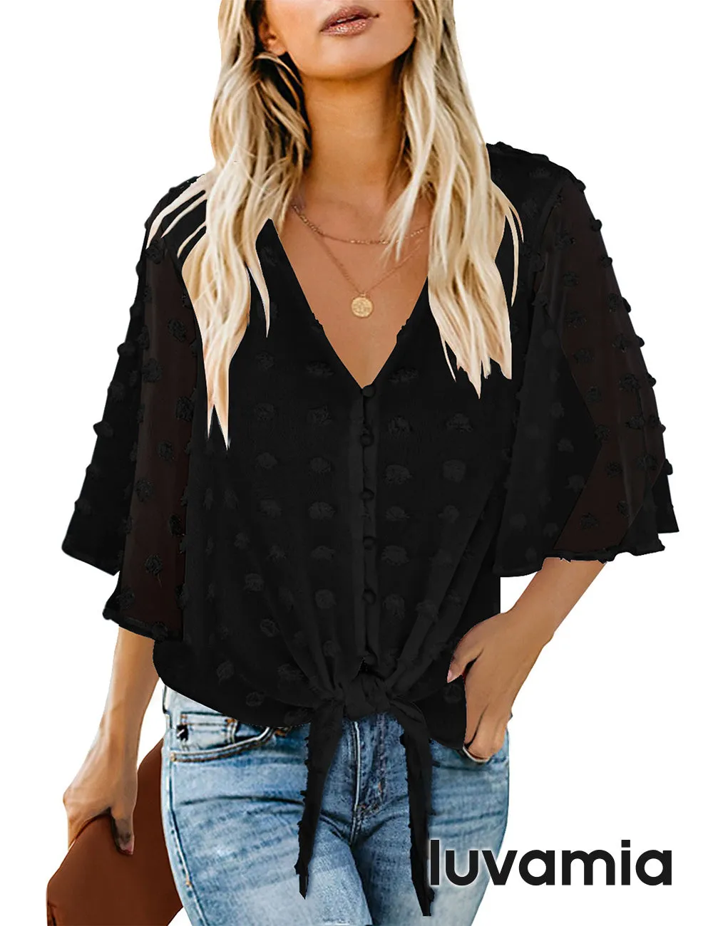 luvamia Women Button Up Down Blouse Tie Knot Front Tops Long Ruffel Sleeve V Neck Shirt Going Out Dressy Casual Work