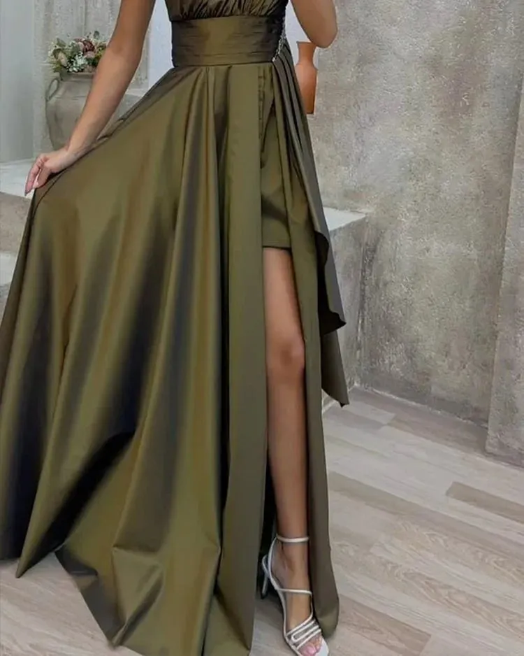 One-Shoulder Satin Maxi Dress – A-Line Evening Gown with Side Slit