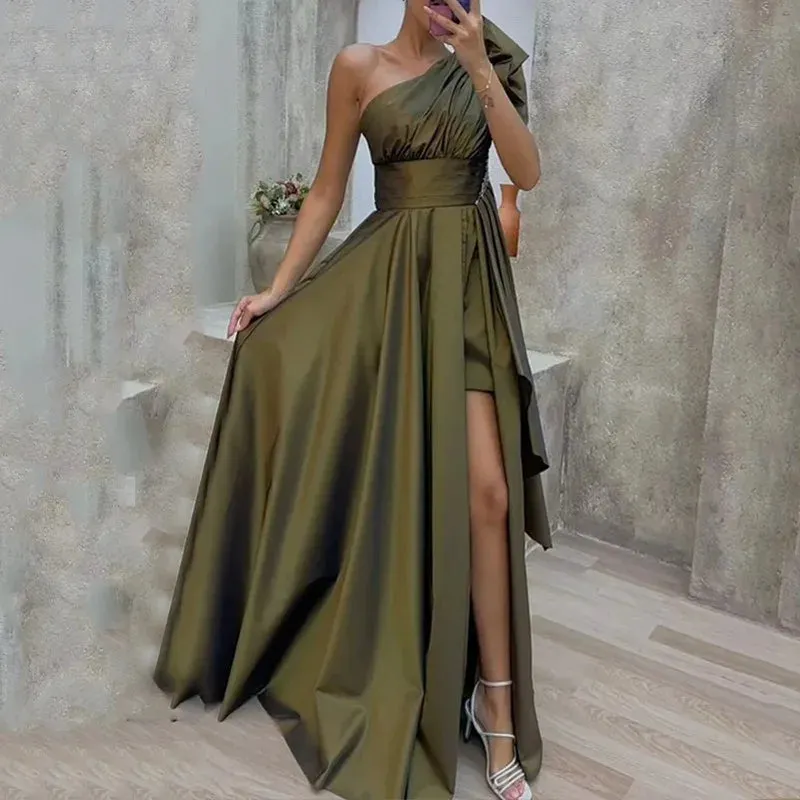 One-Shoulder Satin Maxi Dress – A-Line Evening Gown with Side Slit