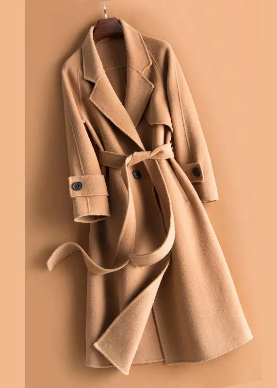 Organic beige Plus Size crane Woolen Coats Work Notched tie waist women Woolen Coats