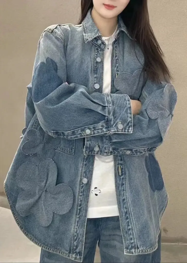 Plus Size Blue Button Pockets Denim Coats Long Sleeve CG1024