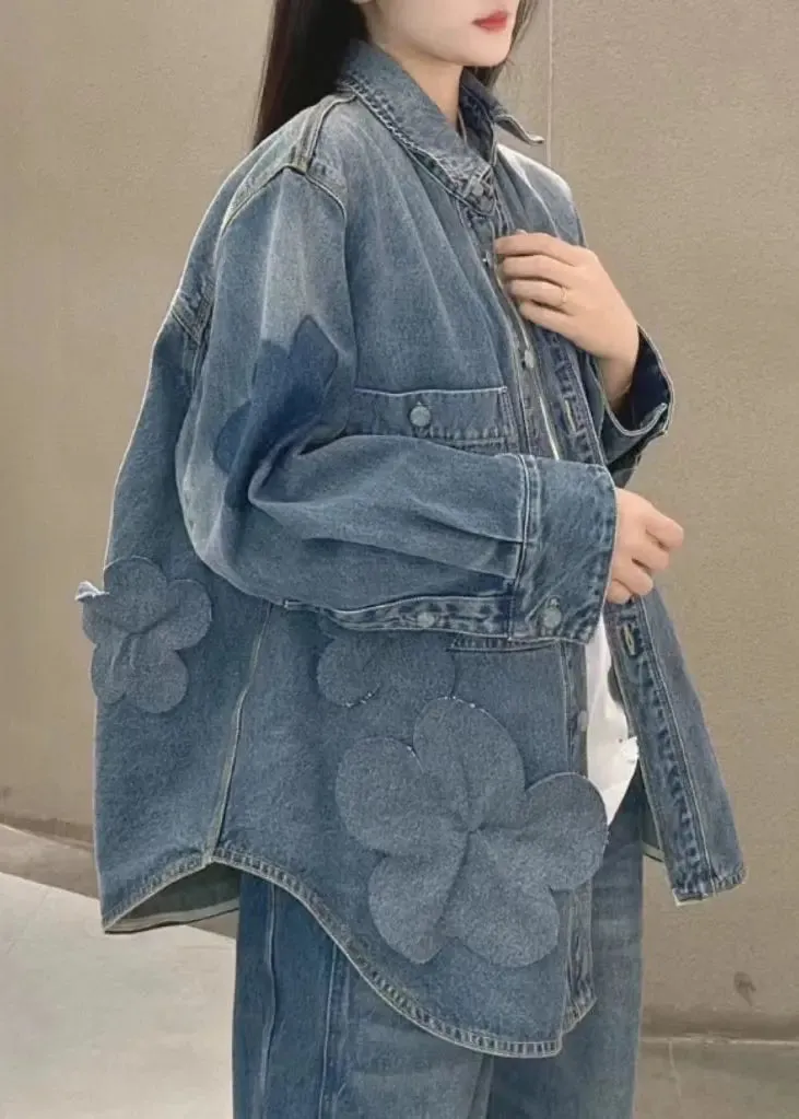 Plus Size Blue Button Pockets Denim Coats Long Sleeve CG1024