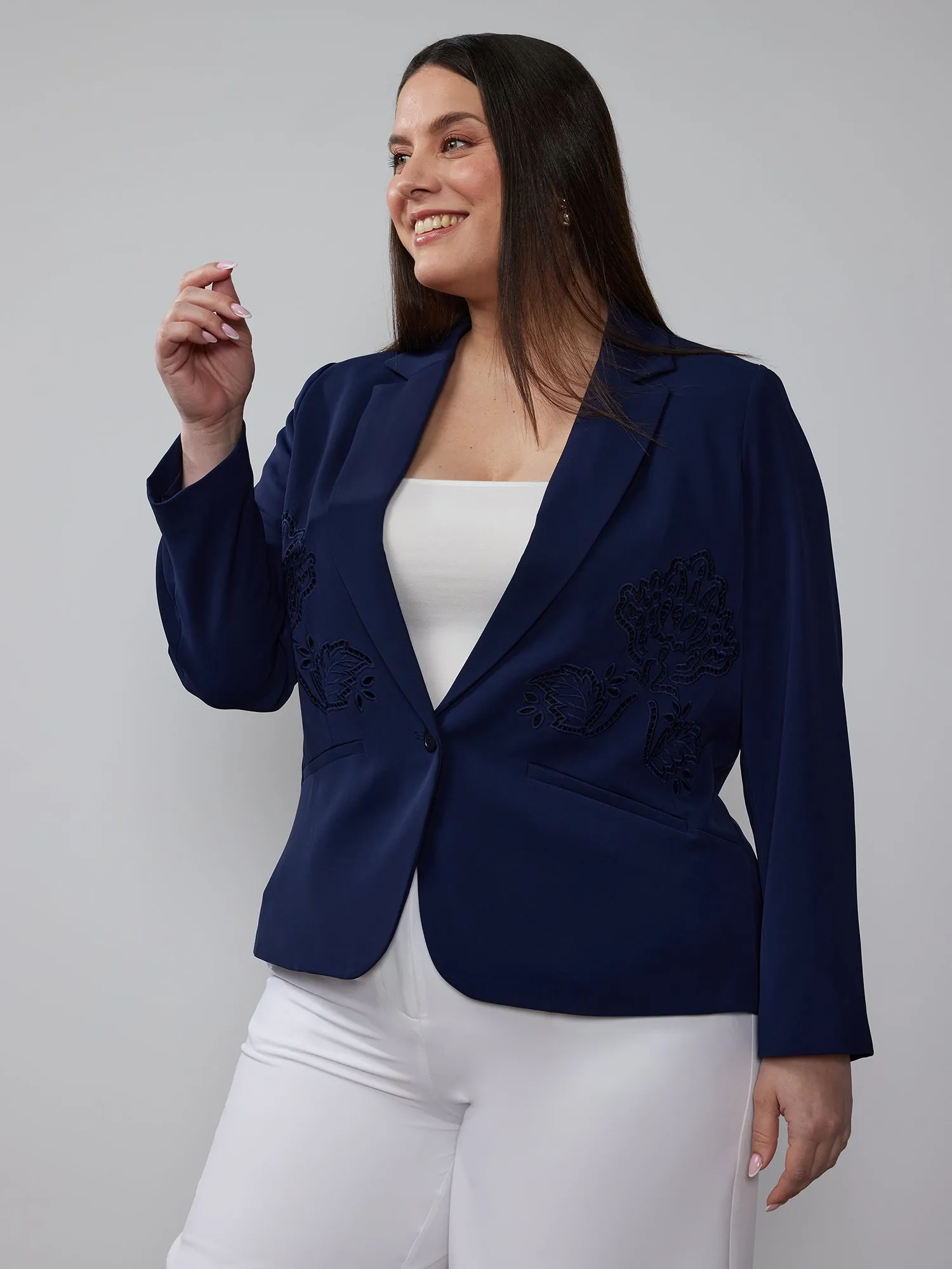 Plus Twill Eyelet Embroidered Blazer