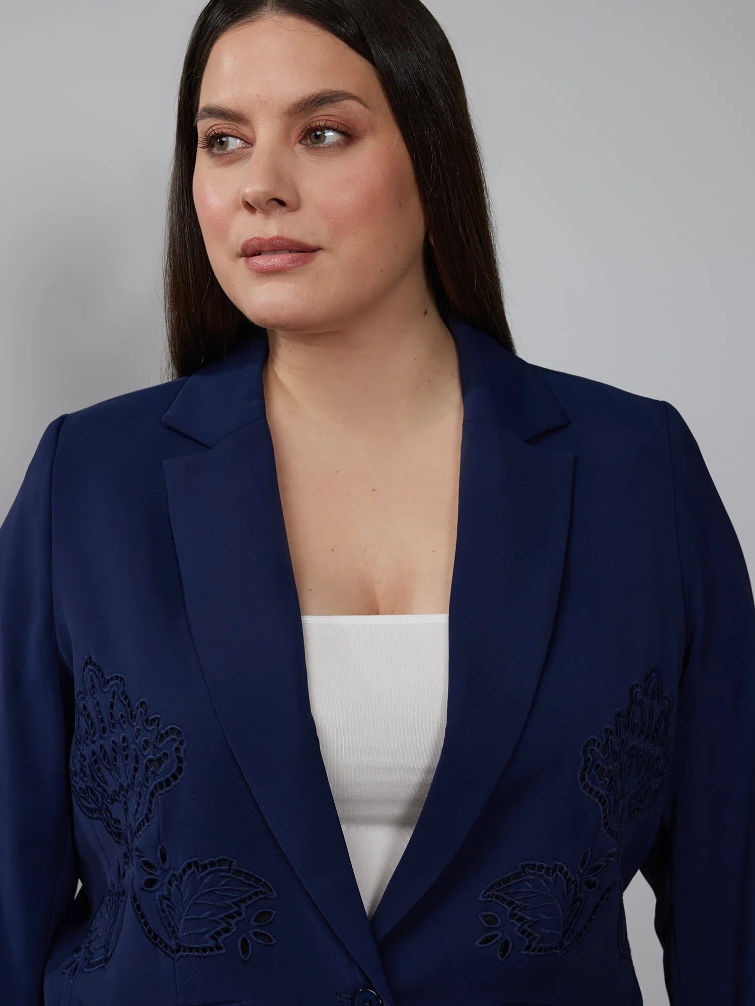 Plus Twill Eyelet Embroidered Blazer