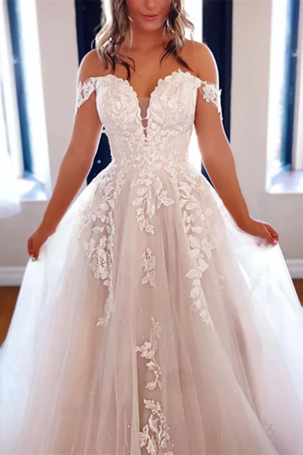 Promfast Chic A line Off the shoulder Wedding Dress Tulle Applique Bridal Formal Dresses PFW0608