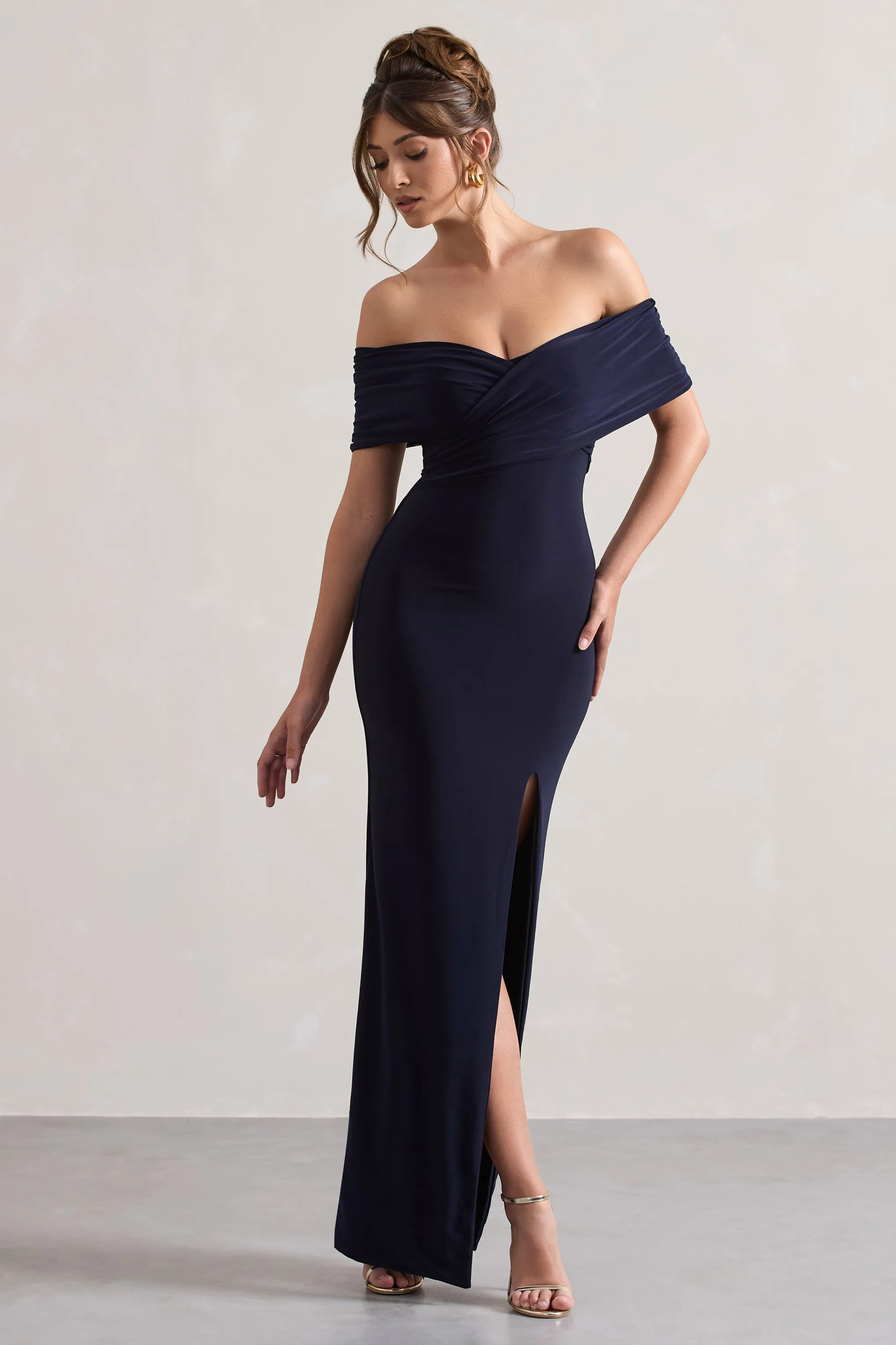 Refined | Navy Twist Front Bardot Maxi Dress