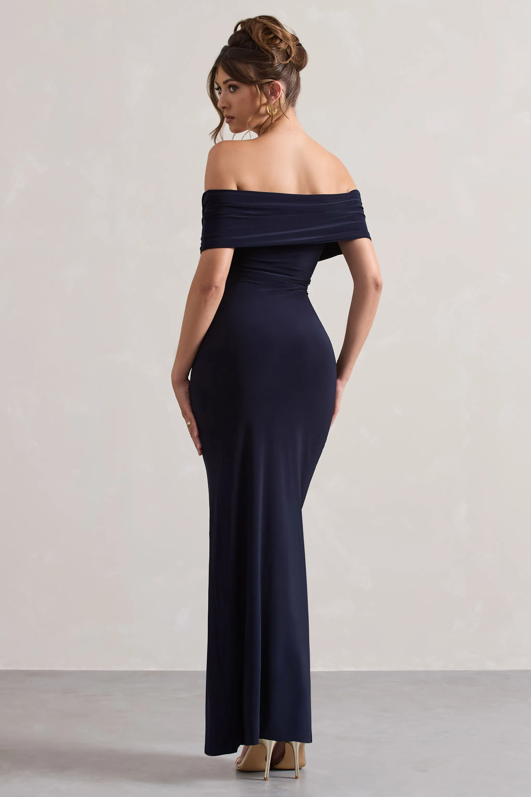 Refined | Navy Twist Front Bardot Maxi Dress