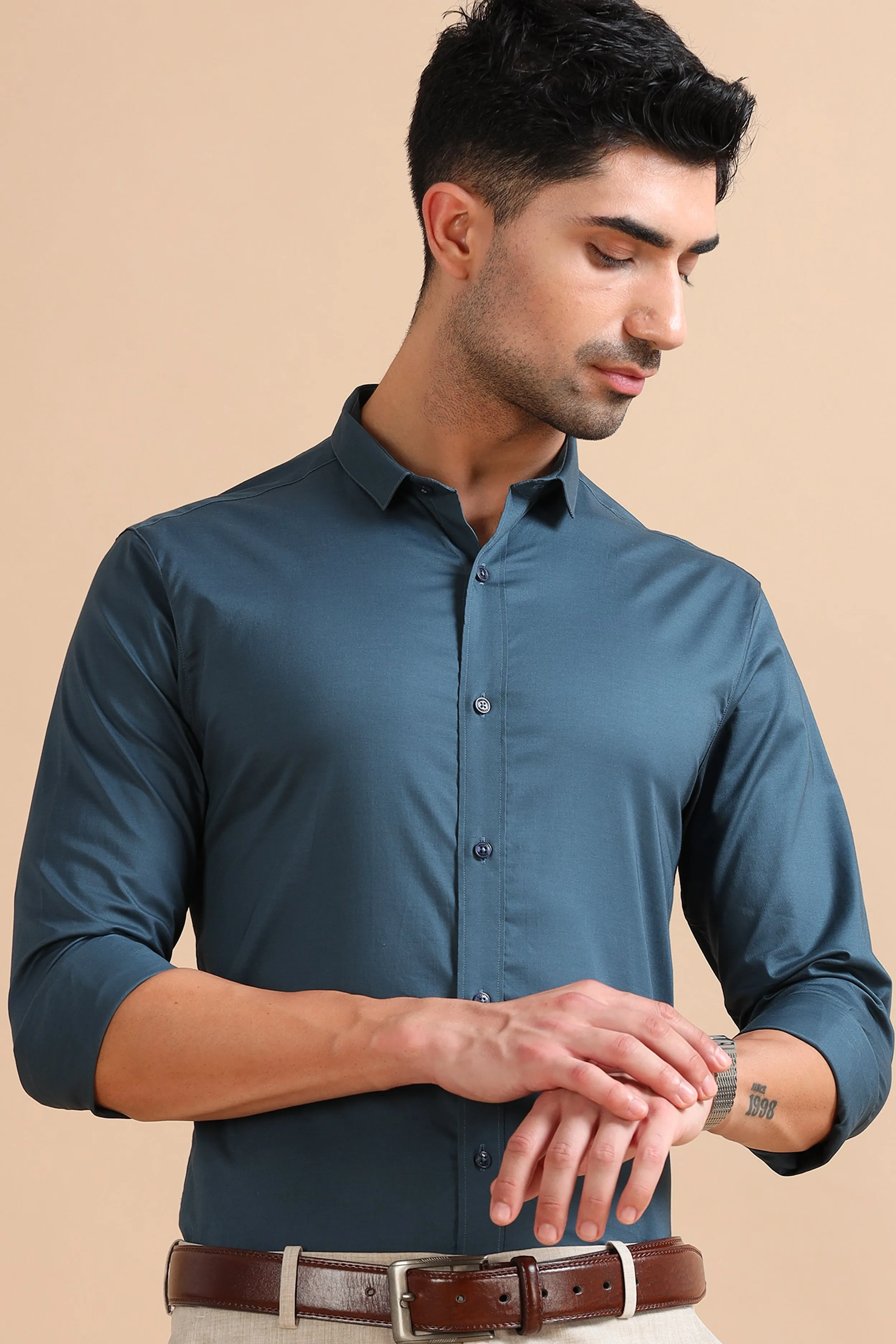 Sapphire Blue Solid Stretch Shirt EOSS