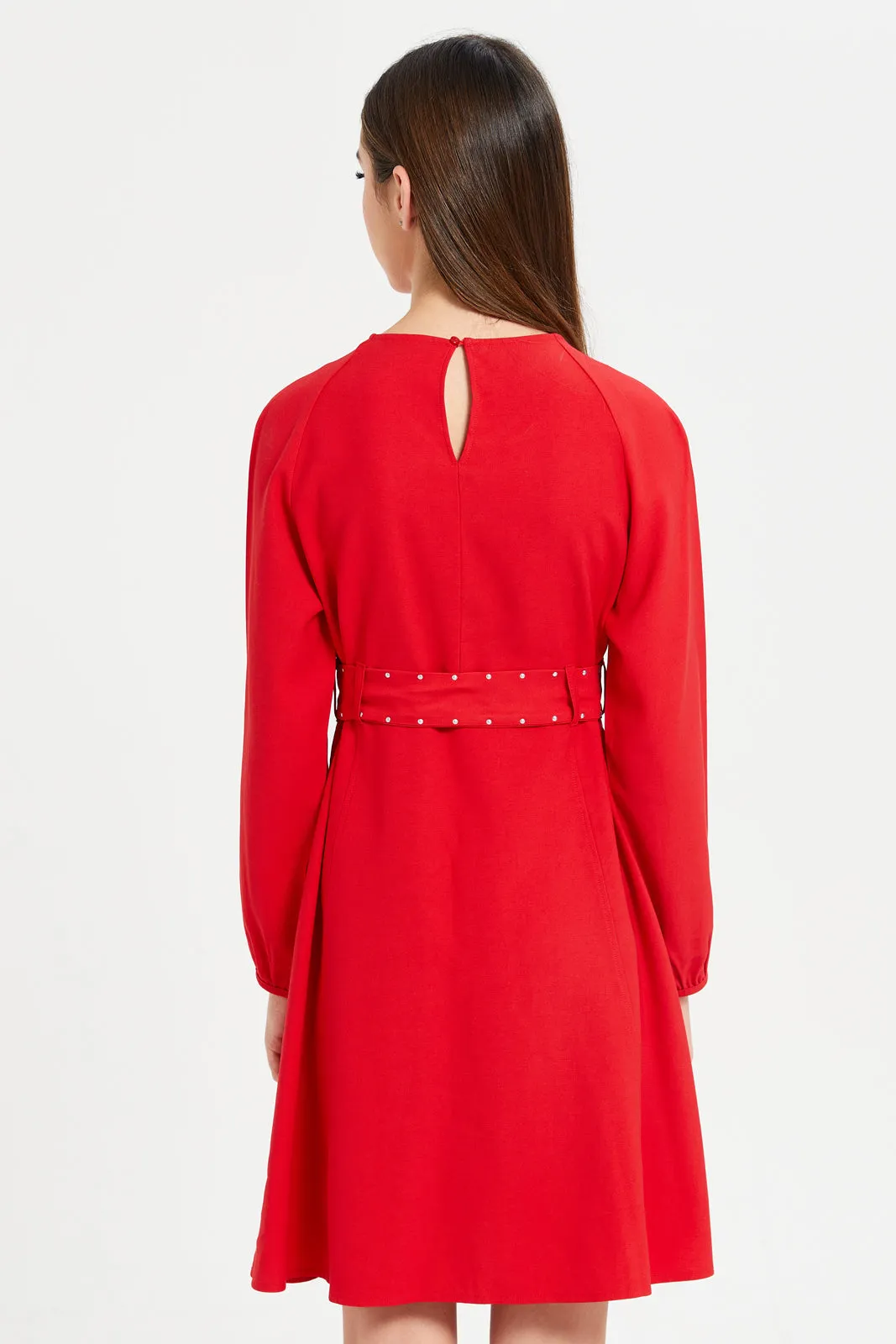 Senior Girls Red Long Sleeve Twill Dress With Studded Belt