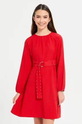 Senior Girls Red Long Sleeve Twill Dress With Studded Belt