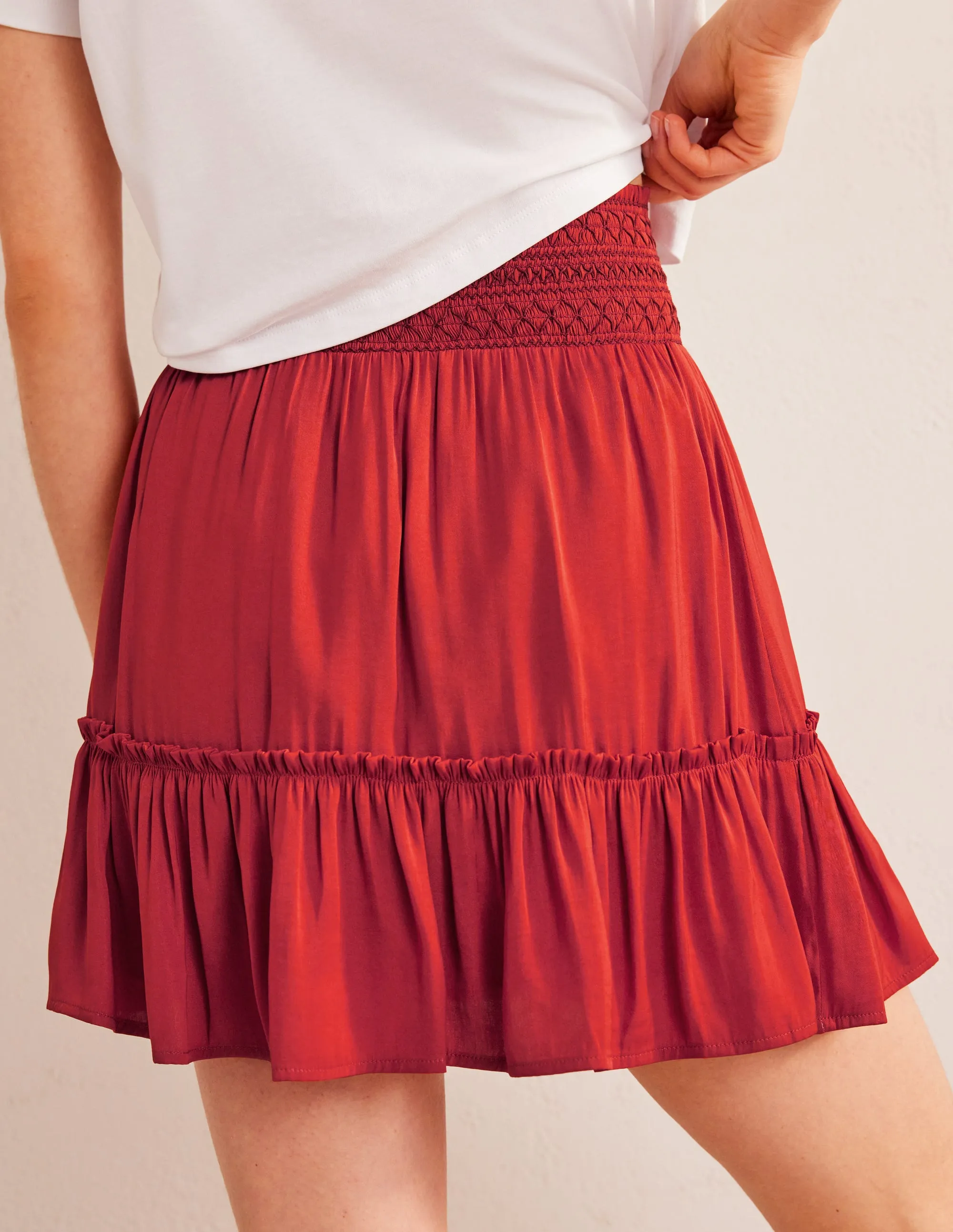 Shirred Waist Mini Skirt-Tomato