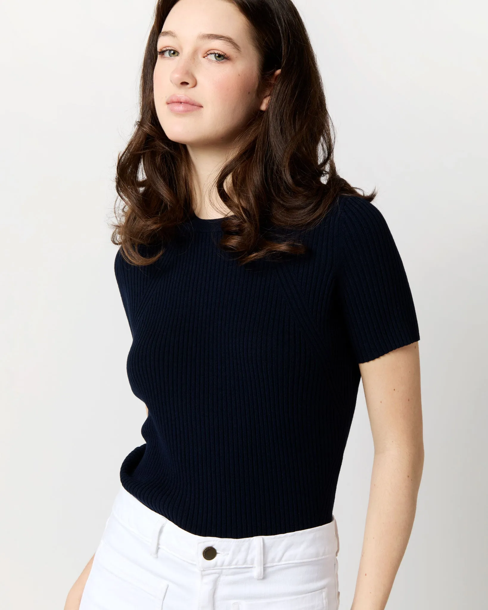 Short-Sleeved Addie Sweater in Navy Techno Yarn