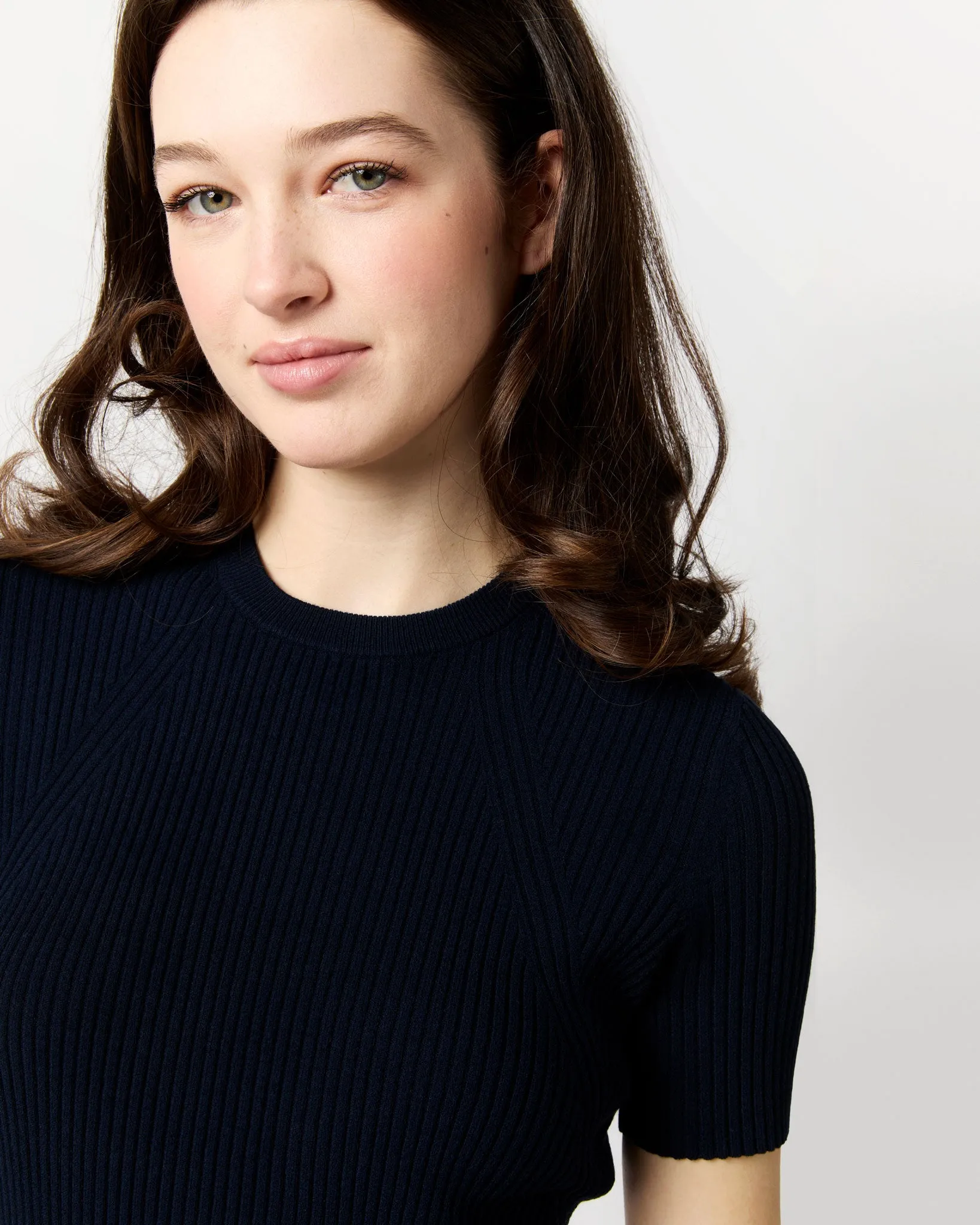 Short-Sleeved Addie Sweater in Navy Techno Yarn