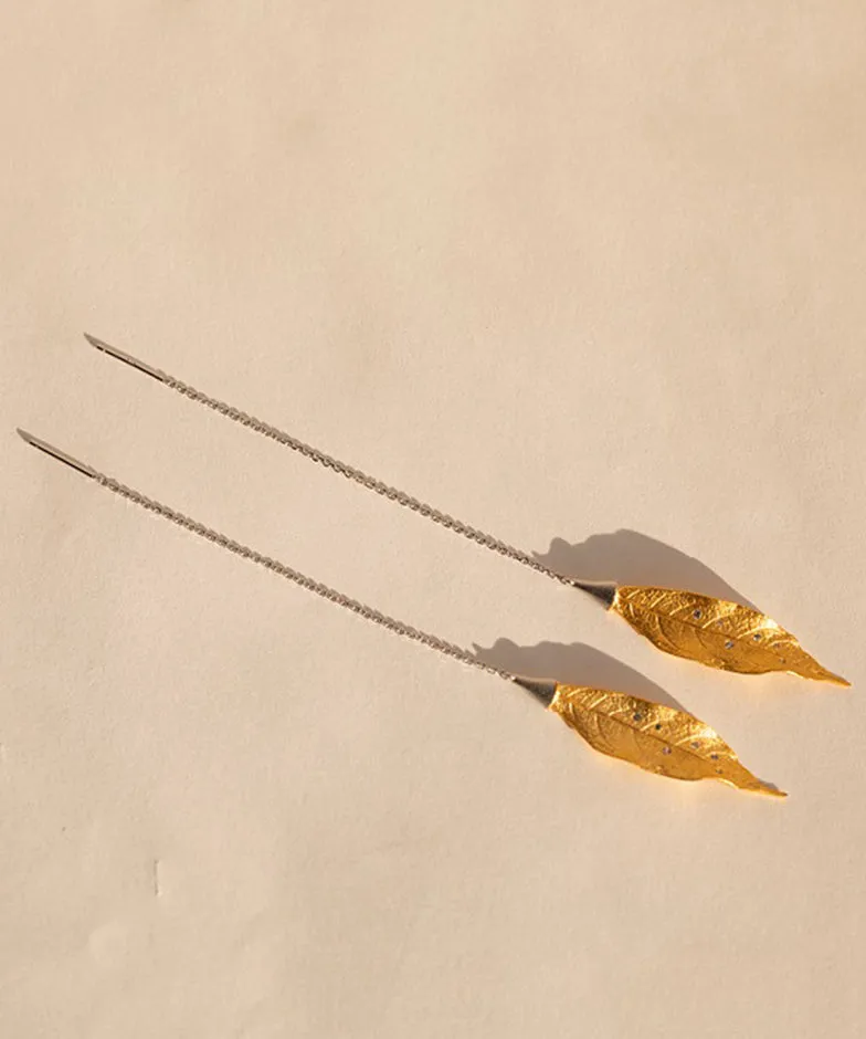 Simple Gold Sterling Silver Overgild Leaf Drop Earrings QQ071