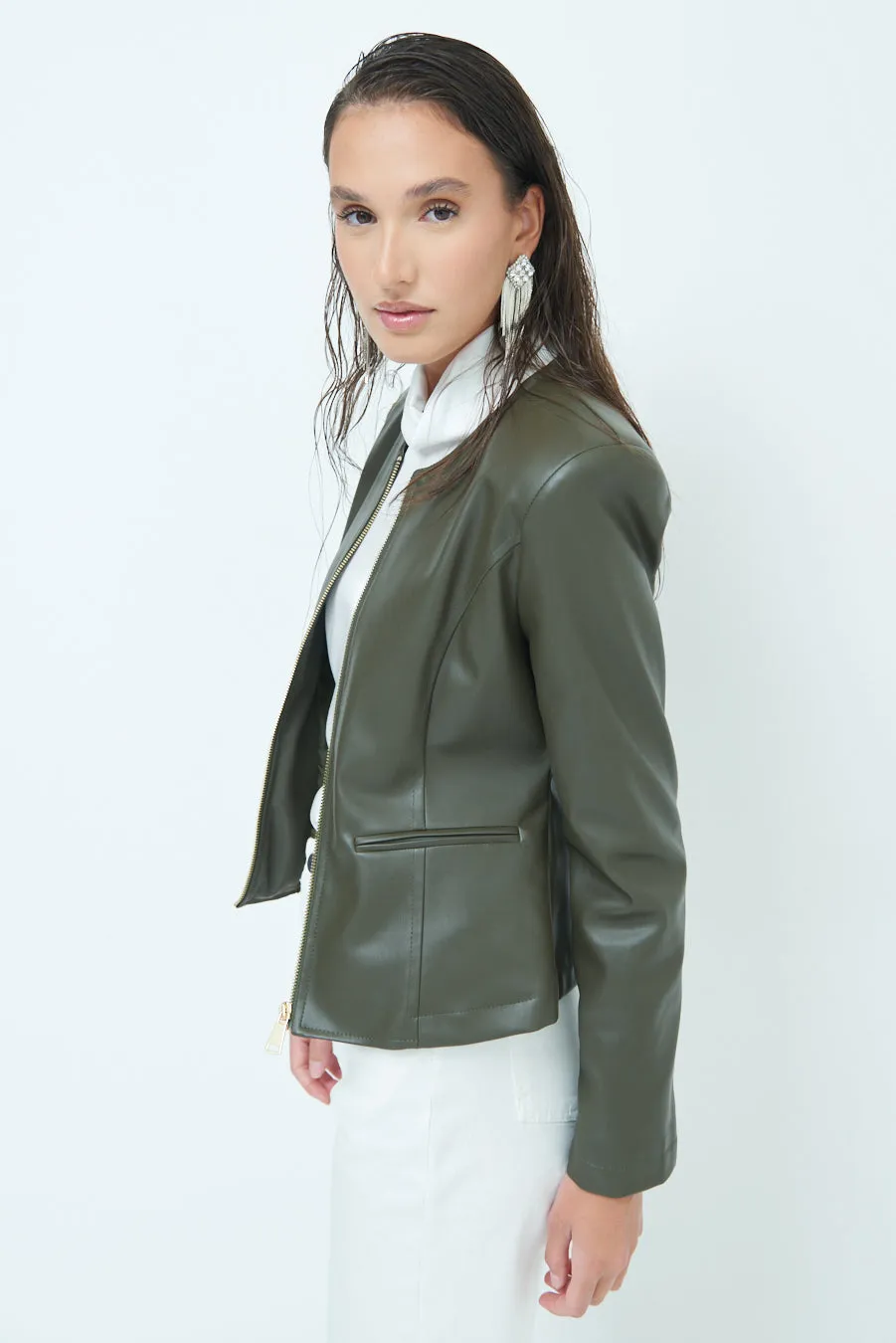 Sleek zip-up leather jacket wholesale