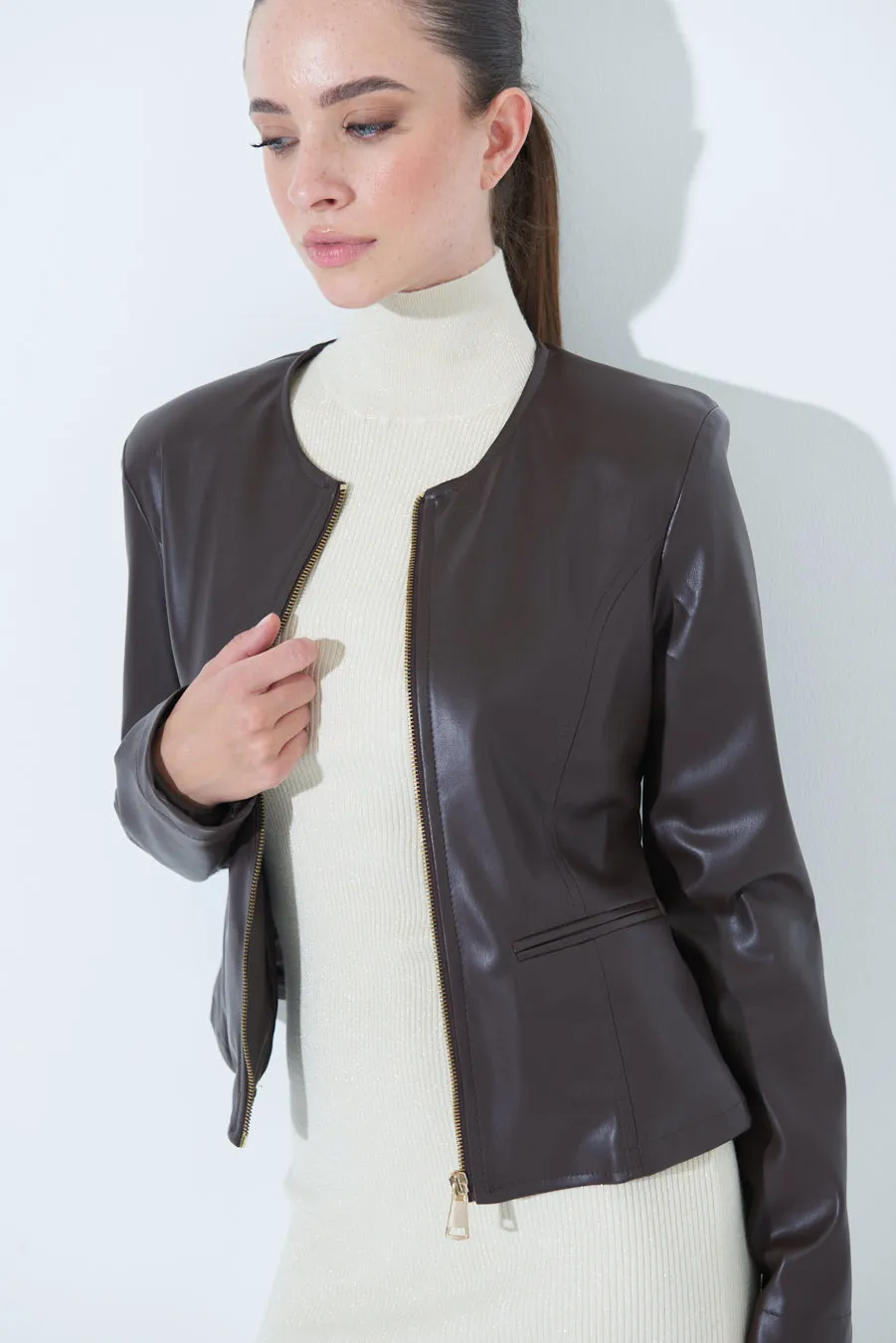 Sleek zip-up leather jacket wholesale