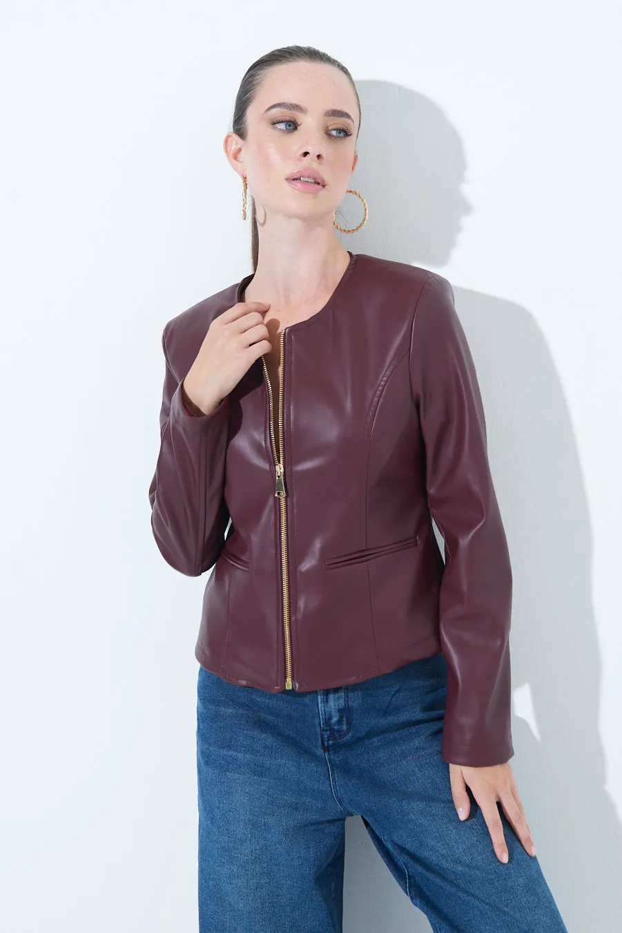 Sleek zip-up leather jacket wholesale