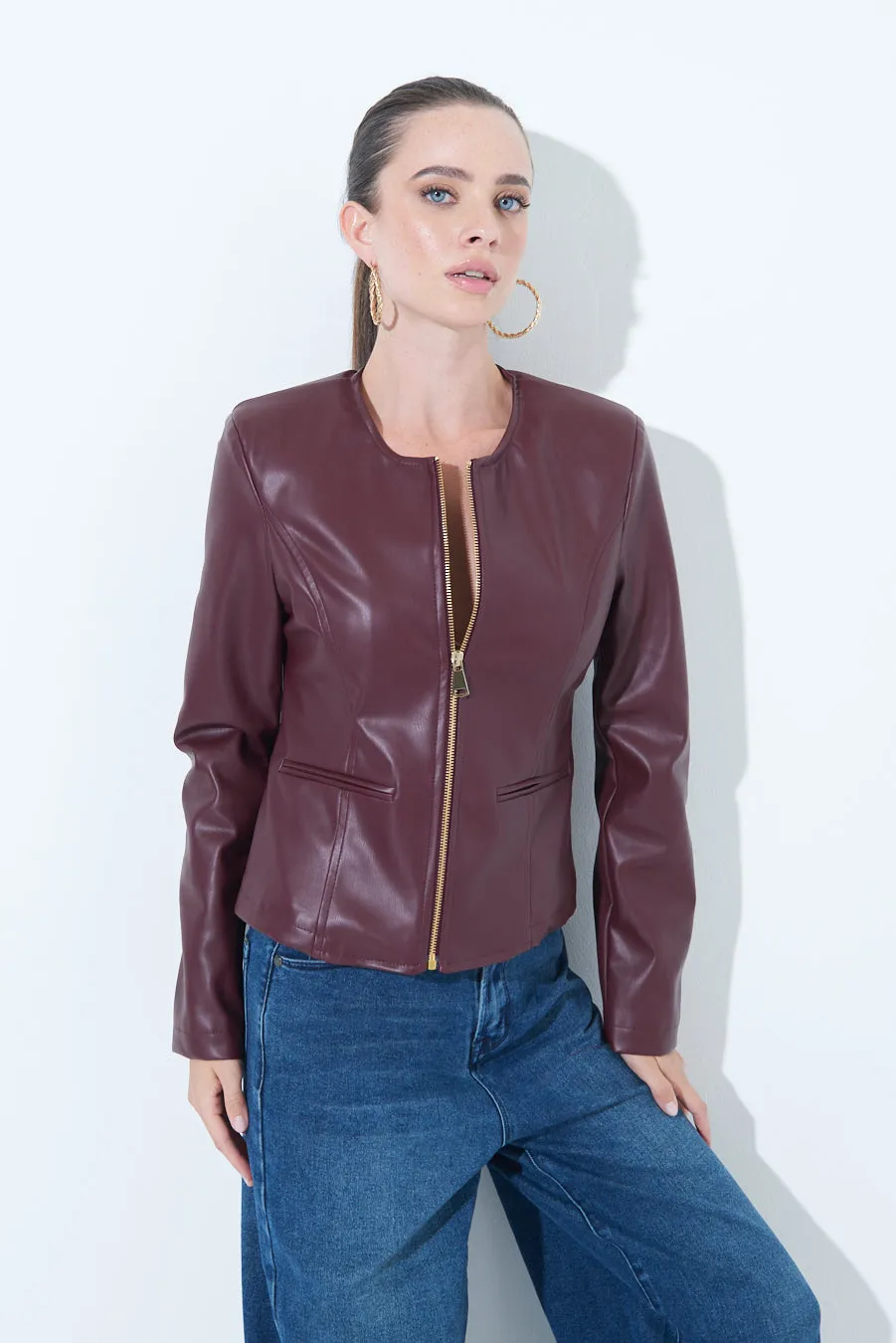 Sleek zip-up leather jacket wholesale