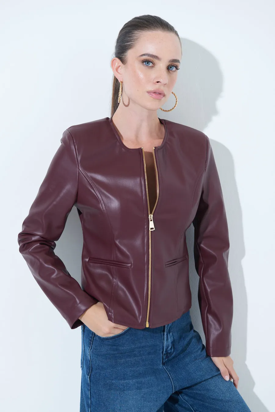 Sleek zip-up leather jacket wholesale