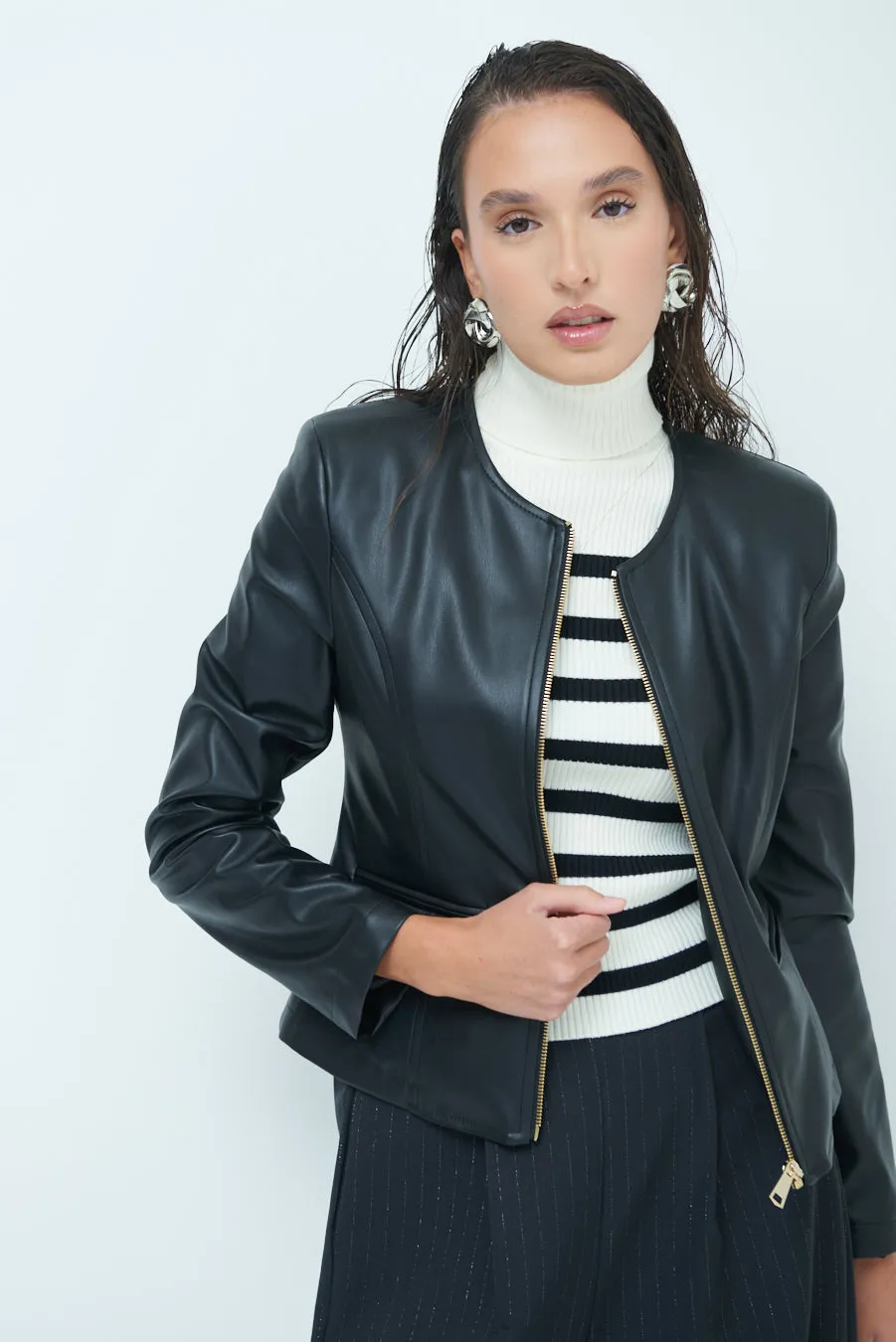 Sleek zip-up leather jacket wholesale