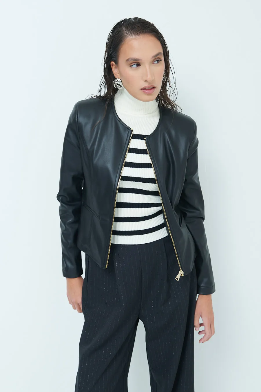 Sleek zip-up leather jacket wholesale