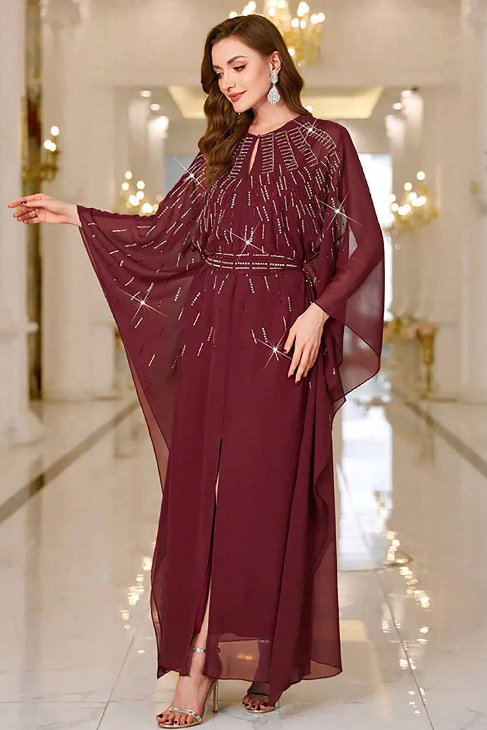 Sparkly Burgundy Chiffon Maxi Dress with Flared Sleeves