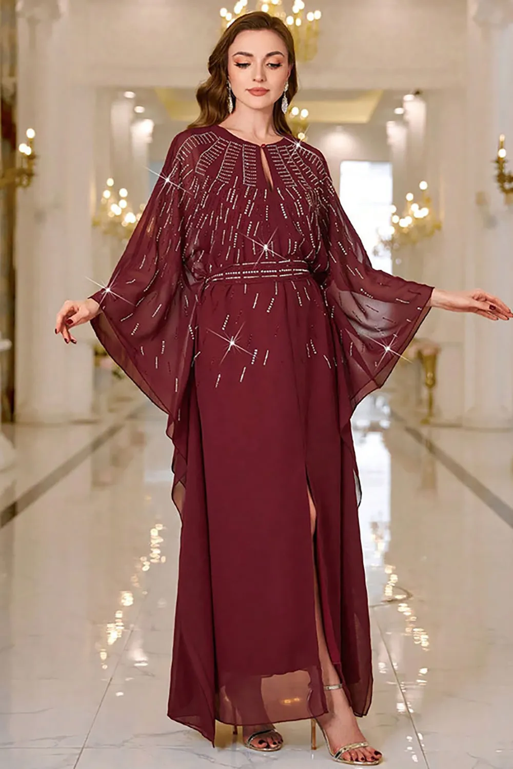 Sparkly Burgundy Chiffon Maxi Dress with Flared Sleeves