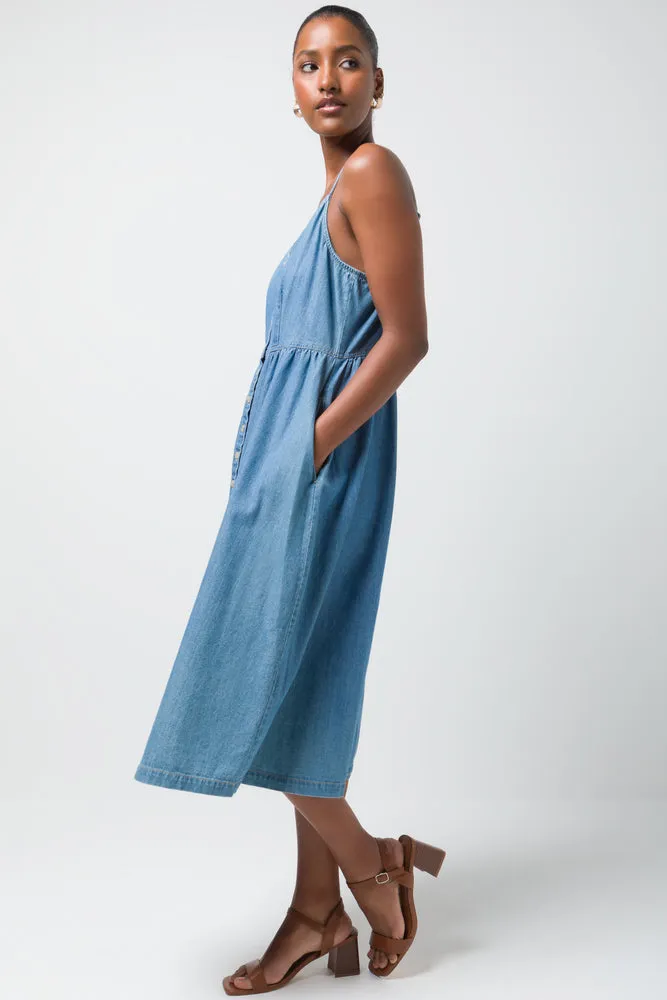 Strappy Denim Midi Dressss Blue