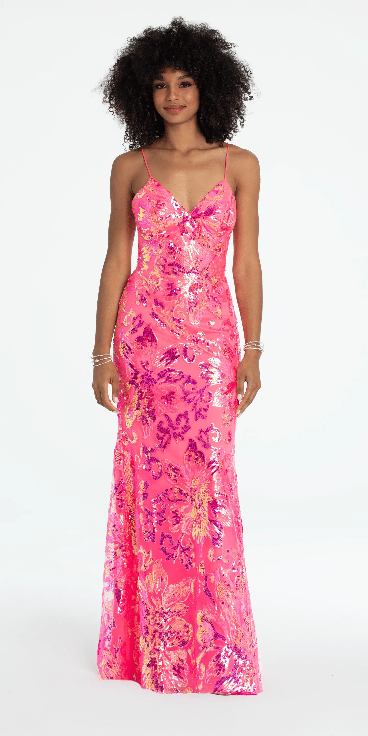 Strappy Lace Up Back Trumpet Dress with Sequin Floral Motif