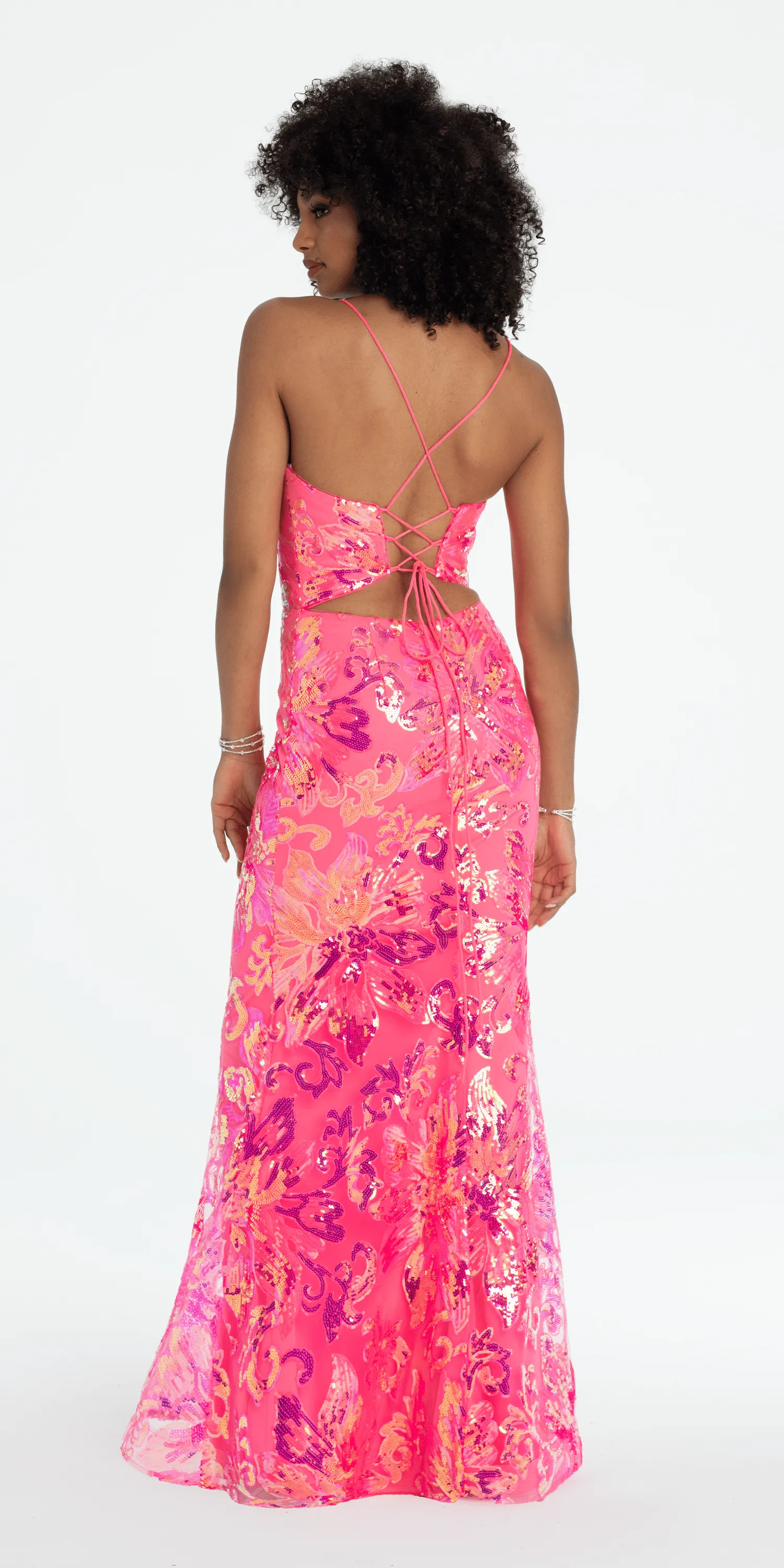 Strappy Lace Up Back Trumpet Dress with Sequin Floral Motif