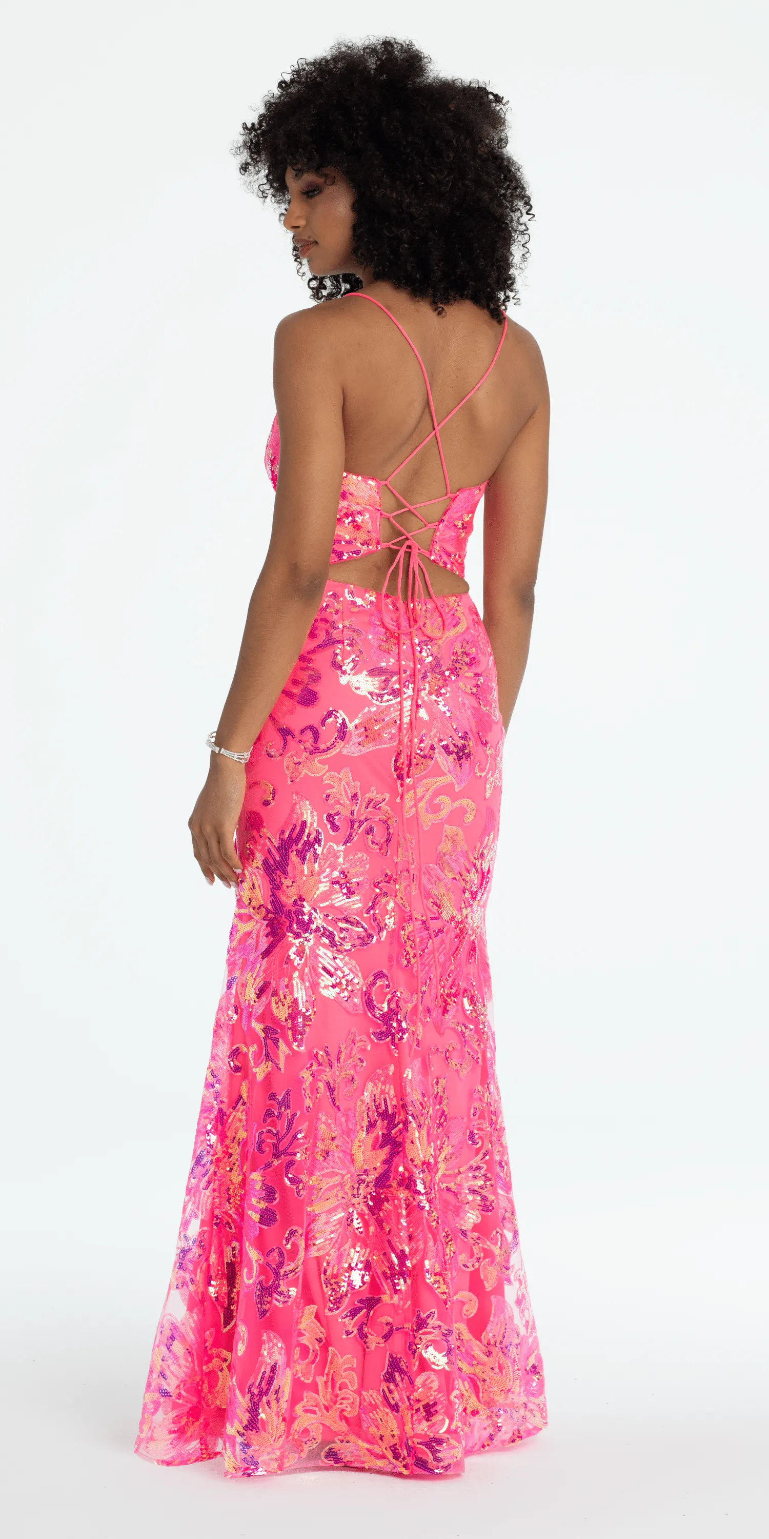 Strappy Lace Up Back Trumpet Dress with Sequin Floral Motif