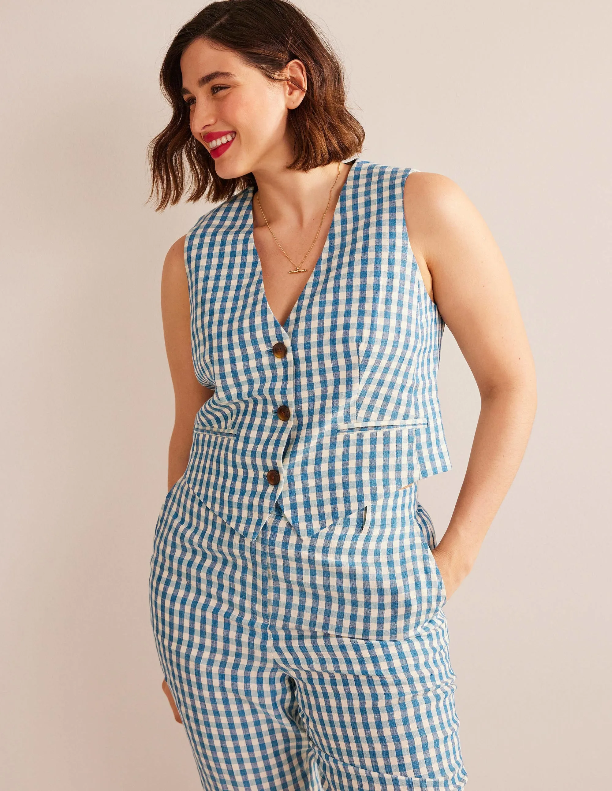 Tailored Linen Waistcoat-Blue and White Gingham