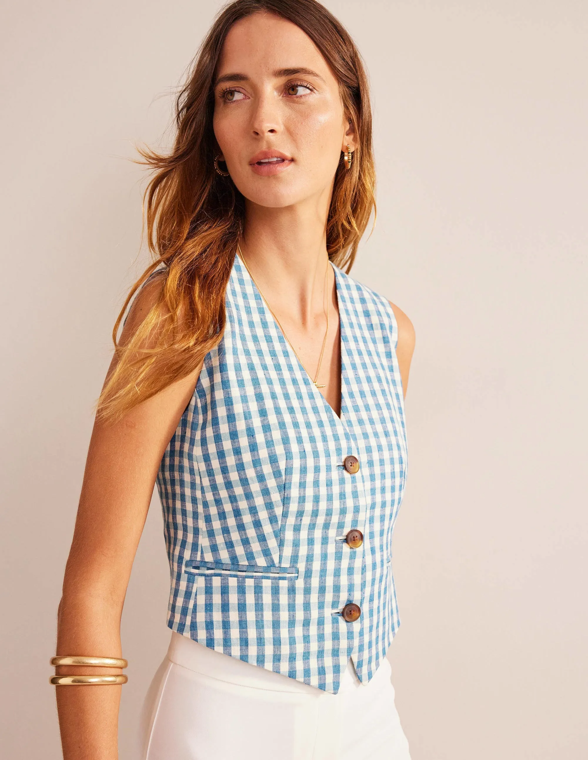 Tailored Linen Waistcoat-Blue and White Gingham