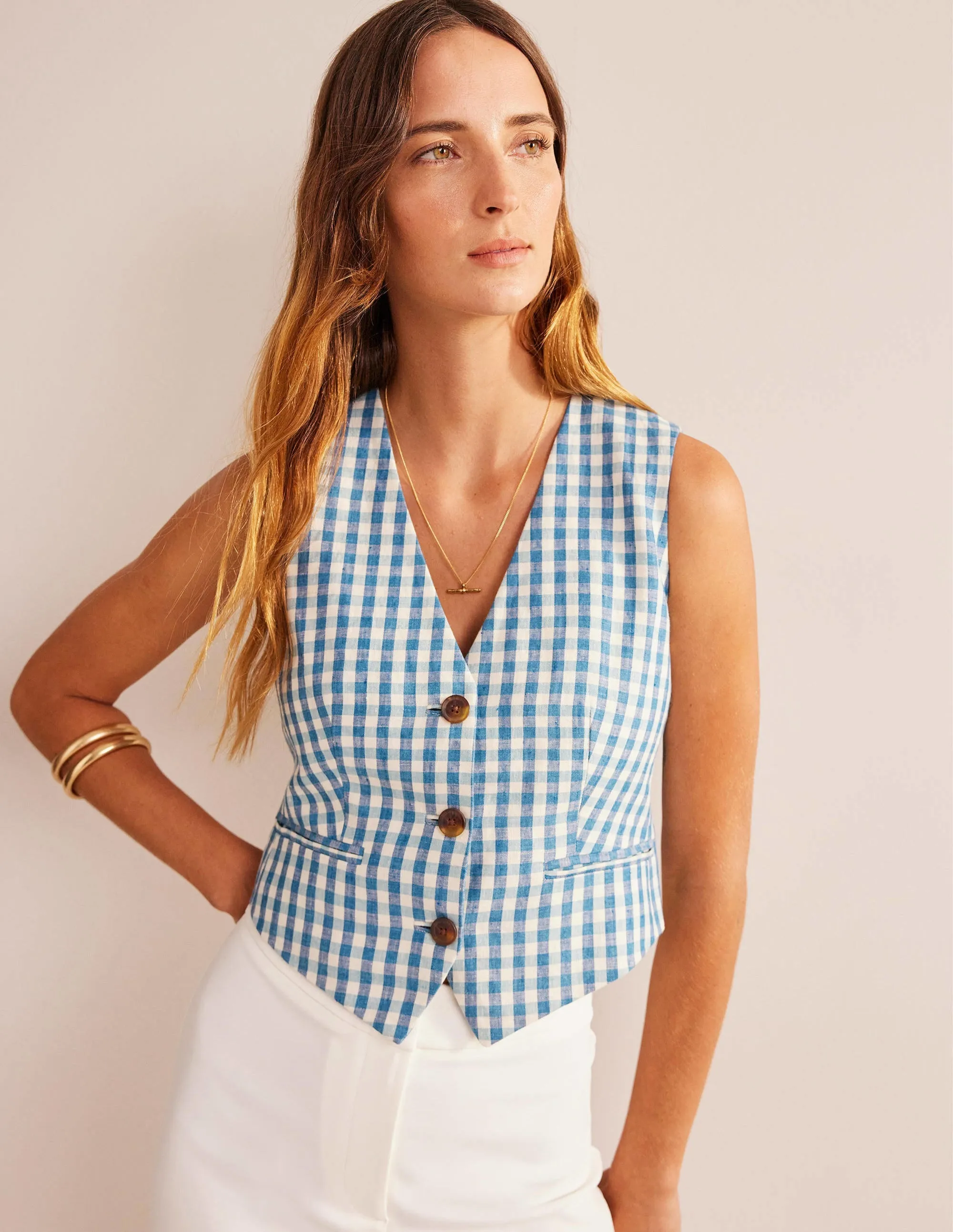 Tailored Linen Waistcoat-Blue and White Gingham