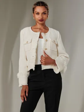 Tweed Fringe Hem Jacket, Cream