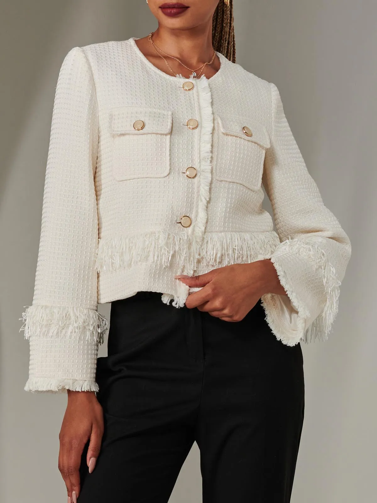 Tweed Fringe Hem Jacket, Cream